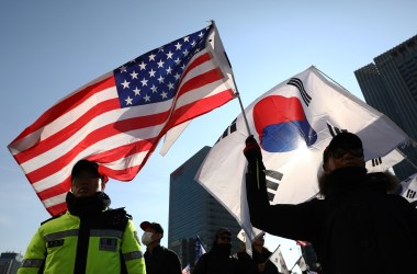 South Korean conservative protesters participate in a pro-U.S. and anti-North Korea rally on February 23rd, 2019, in Seoul, South Korea.