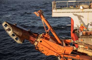 A giant crawler machine used to dredge the seabed for diamonds is seen being pulled on board the Diamonds Sea Mining vessel MAFUTA from Debmarine, a joint venture between Diamonds Mining Giant De Beers and the Namibian government.