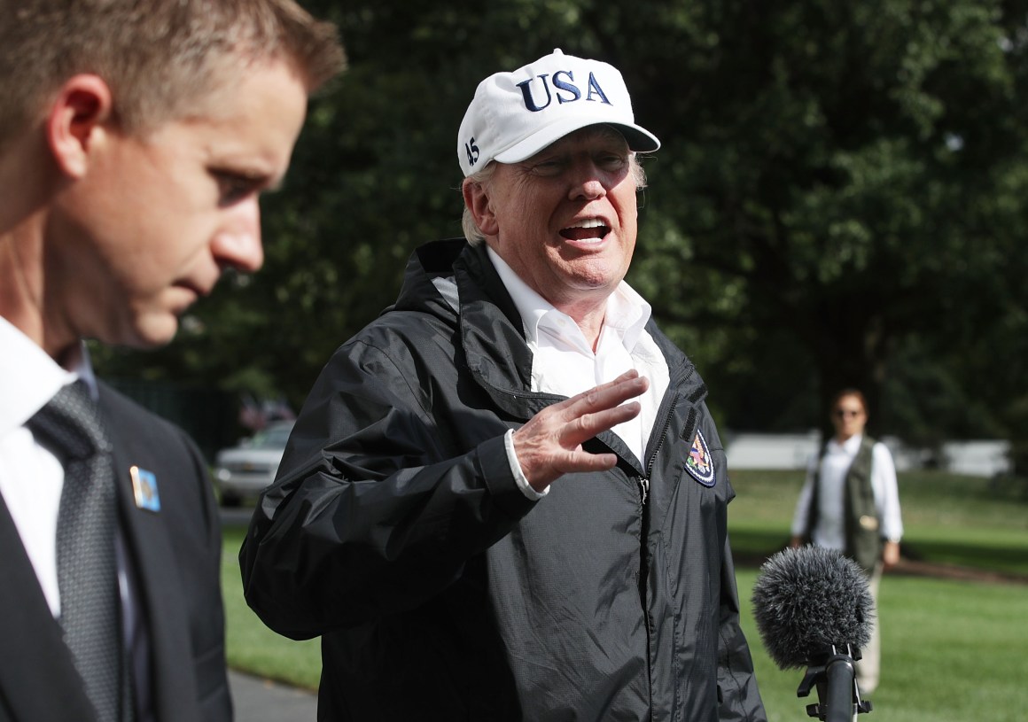 President Donald Trump speaks to members of the media after he returned to the White House from Florida on September 14th, 2017.